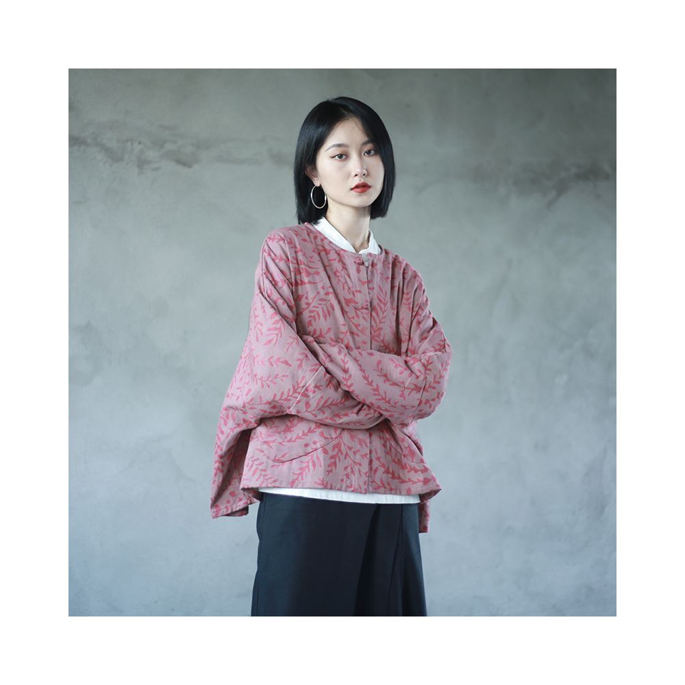 Spring Literature Cotton and Hemp Printed Short Coat Round Neck Long Sleeve Loose Pair Cardigan Retro Large Pocket Contrast Top image 2