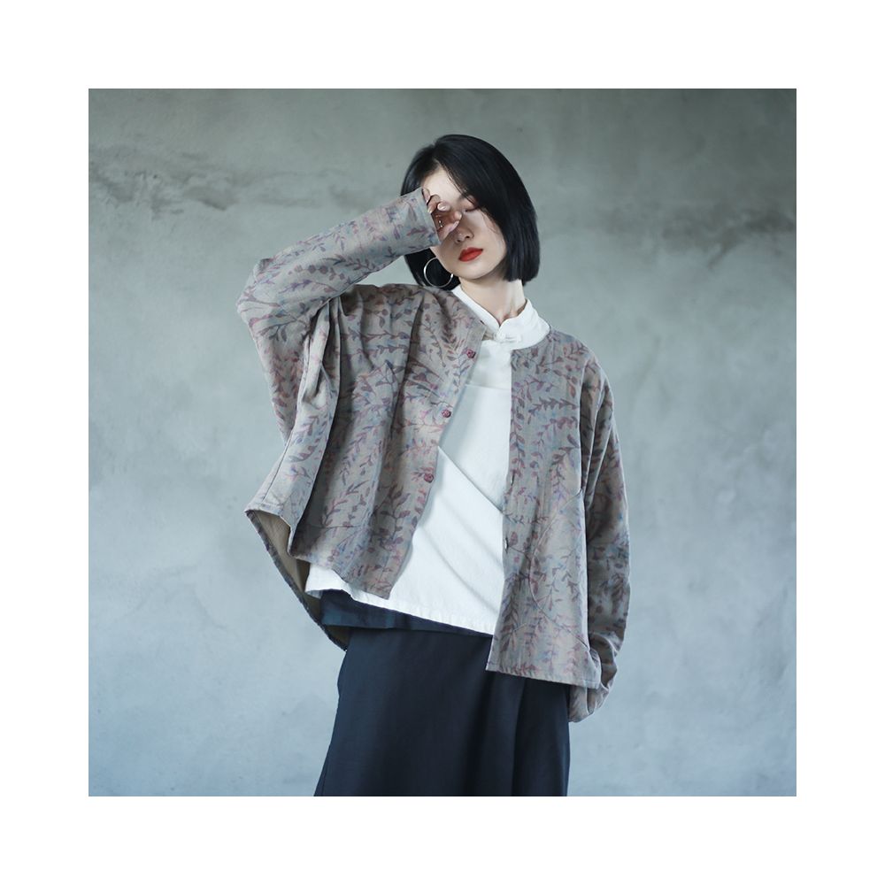 ASAYA1797Spring art cotton and linen print short coat, round neck, long sleeves, loose cardigan, vintage large pockets, contrast top