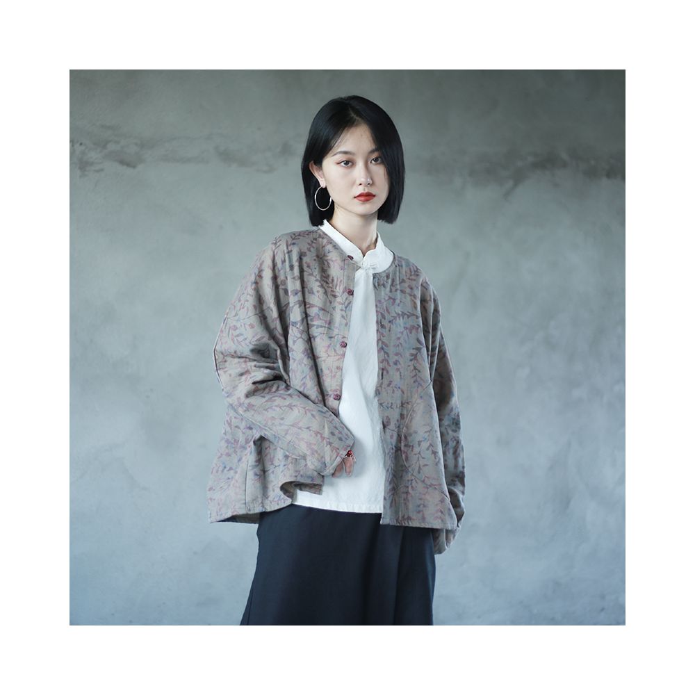 Spring Literature Cotton and Hemp Printed Short Coat Round Neck Long Sleeve Loose Pair Cardigan Retro Large Pocket Contrast Top image 4