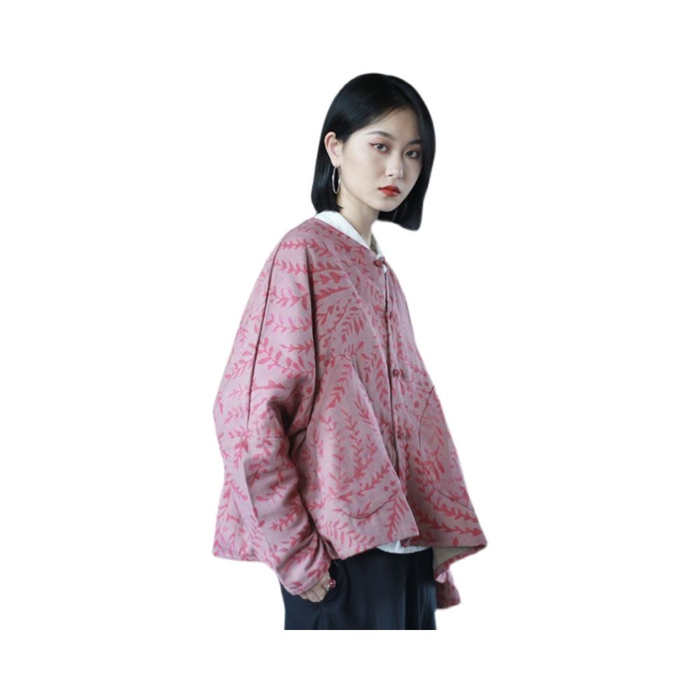 Spring Literature Cotton and Hemp Printed Short Coat Round Neck Long Sleeve Loose Pair Cardigan Retro Large Pocket Contrast Top image 5