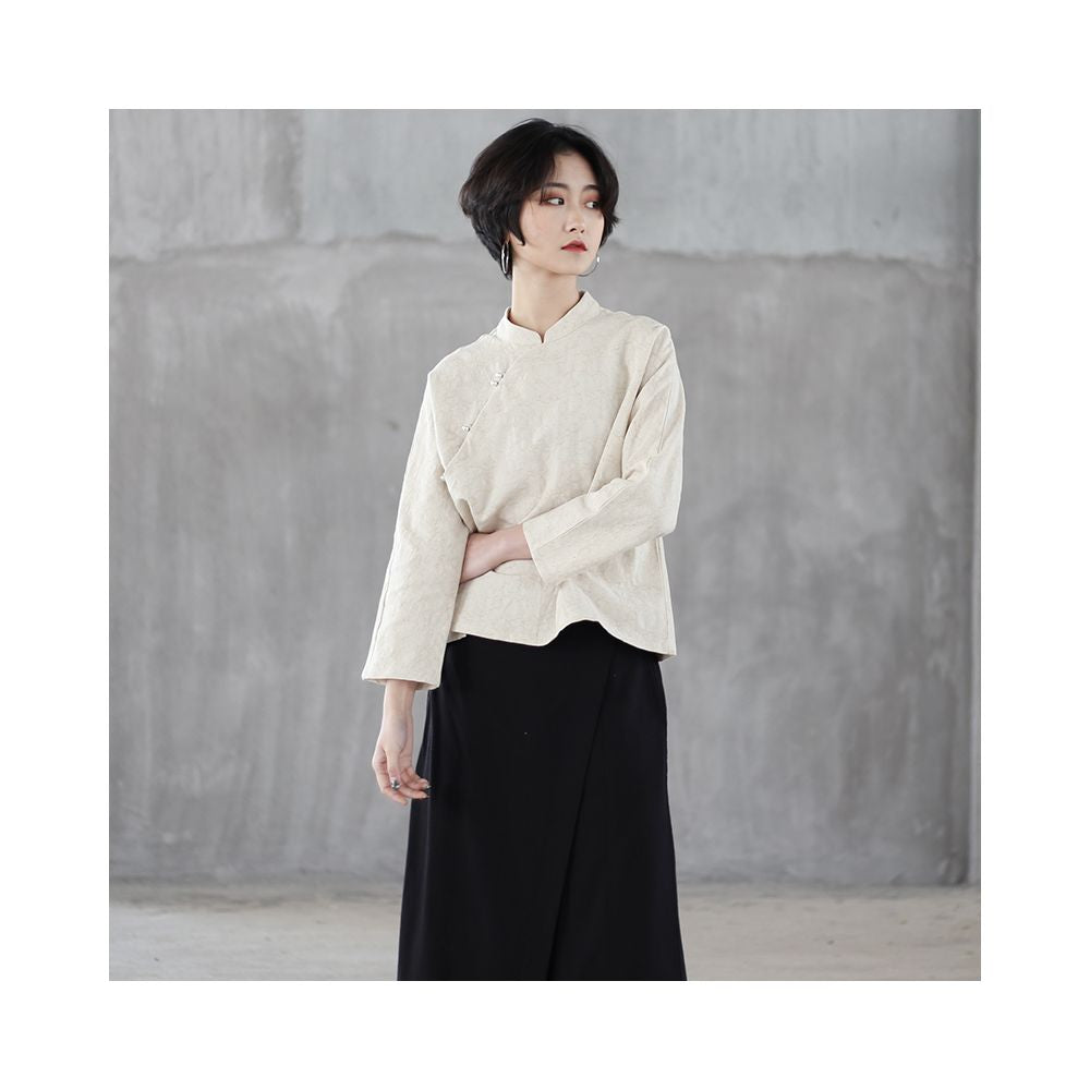 Spring and Autumn Chinese Style Shirt Women s Stand Collar Slant Lapel Beaded Tea Dress Cotton and Linen Jacquard Blouse Nine point Sleeve Loose Top image 2