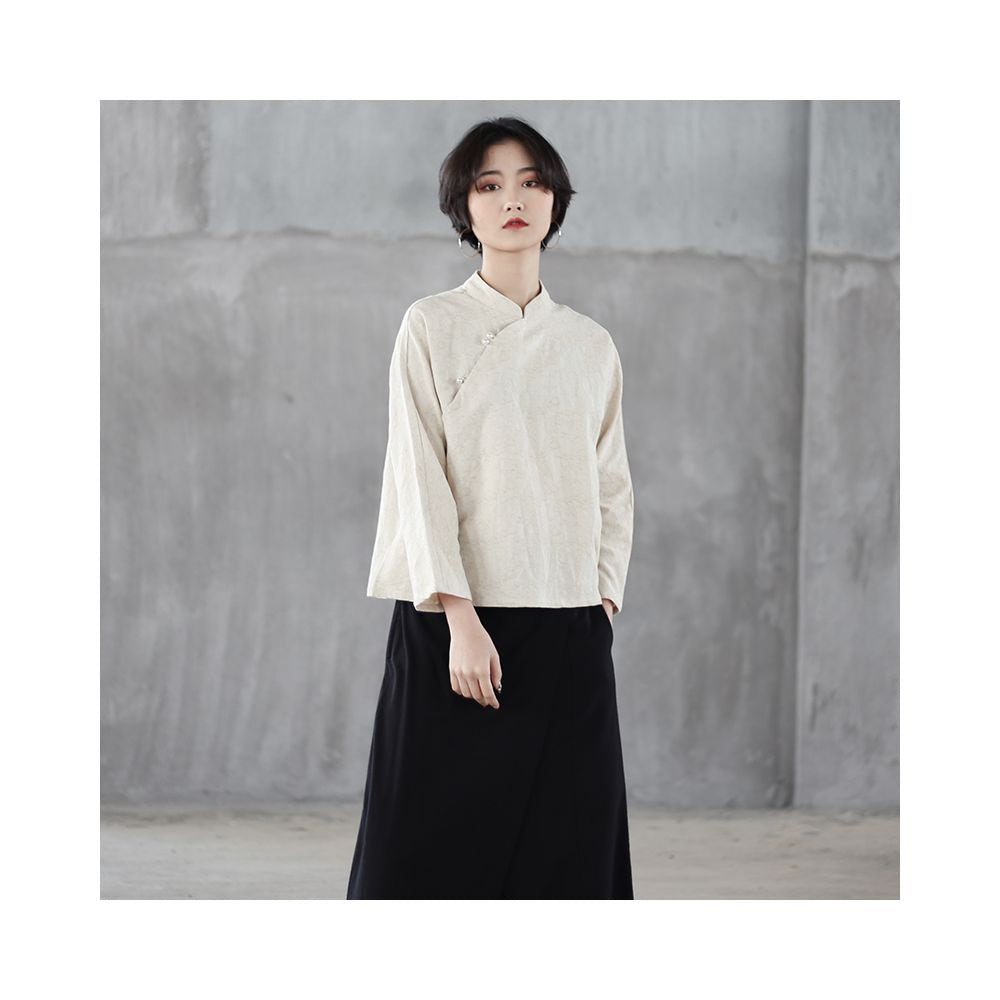 Spring and Autumn Chinese Style Shirt Women s Stand Collar Slant Lapel Beaded Tea Dress Cotton and Linen Jacquard Blouse Nine point Sleeve Loose Top image 3