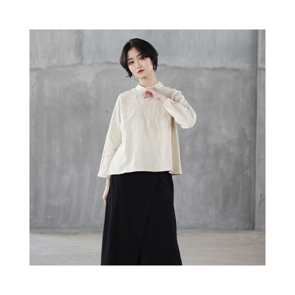 Spring and Autumn Chinese Style Shirt Women s Stand Collar Slant Lapel Beaded Tea Dress Cotton and Linen Jacquard Blouse Nine point Sleeve Loose Top image 4