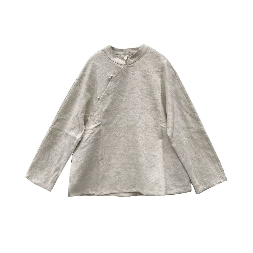 Spring and Autumn Chinese Style Shirt Women s Stand Collar Slant Lapel Beaded Tea Dress Cotton and Linen Jacquard Blouse Nine point Sleeve Loose Top image 5