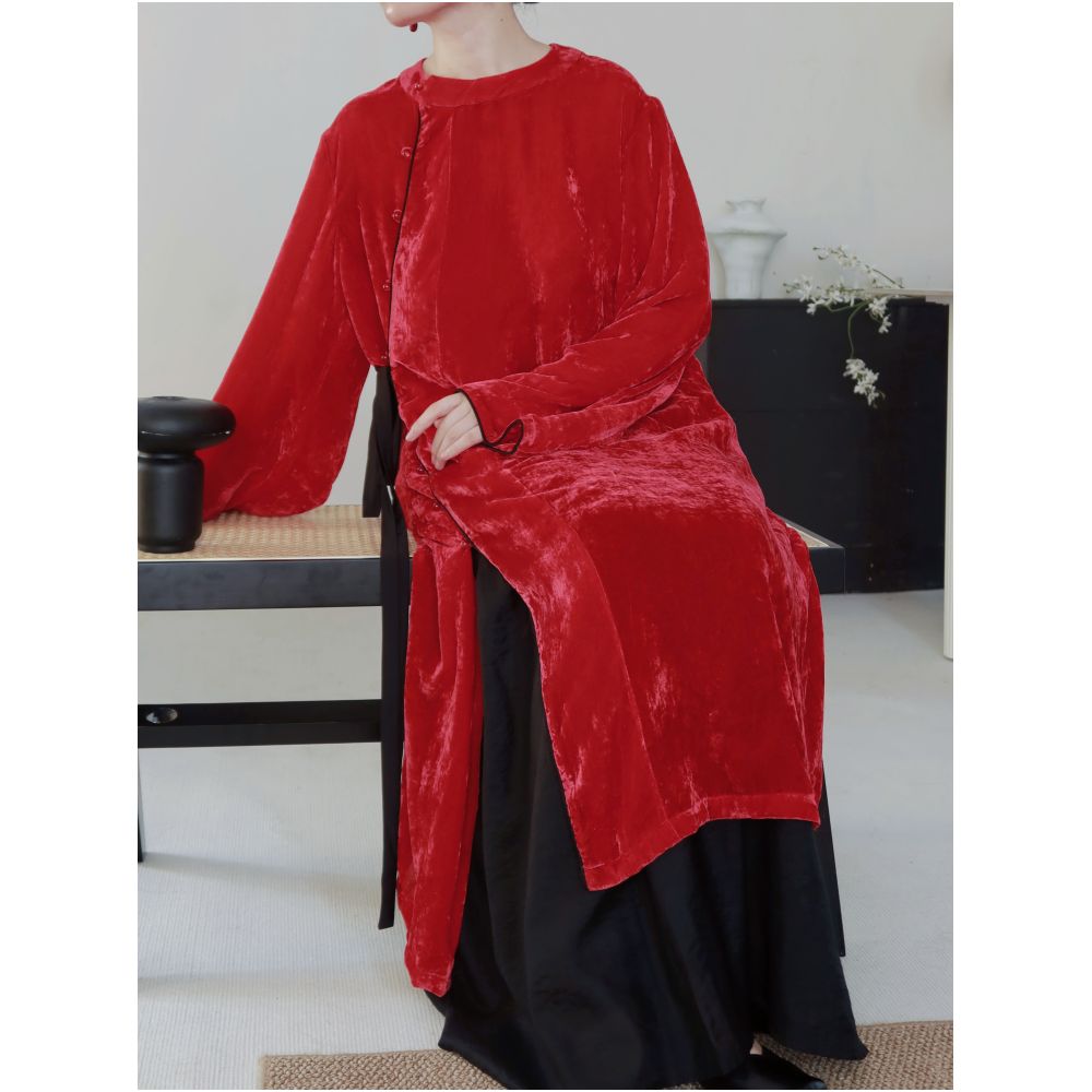 TAORAN women s clothing new Chinese style improved cheongsam top for young women red velvet shirt Zen tea suit image 4