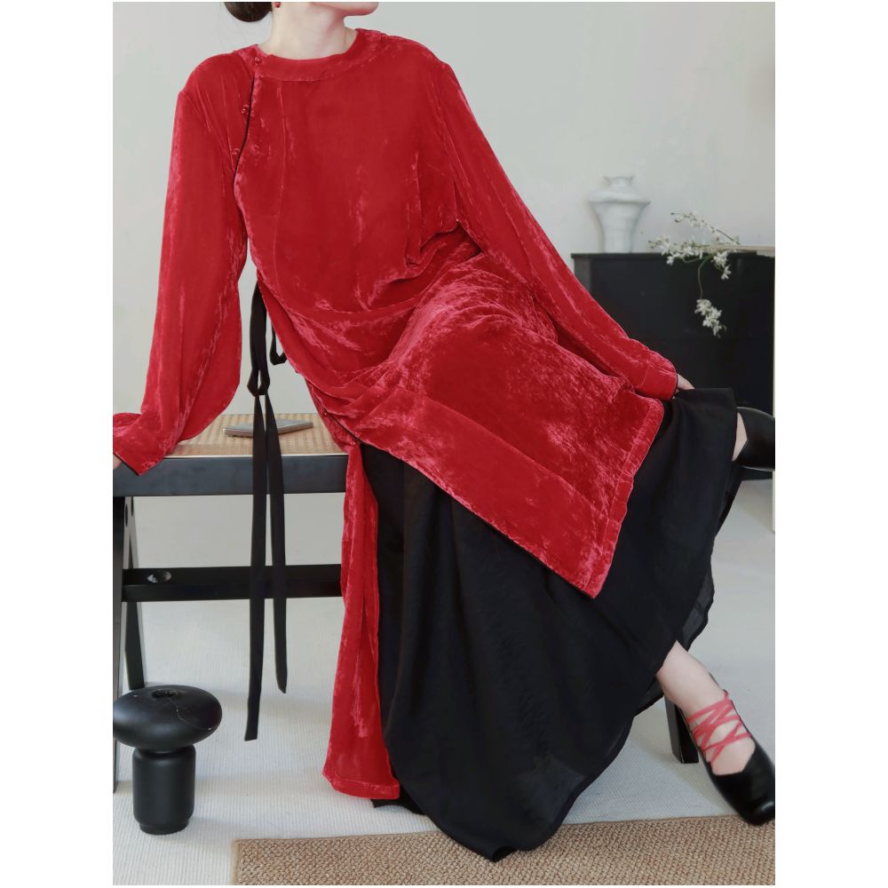 TAORAN women s clothing new Chinese style improved cheongsam top for young women red velvet shirt Zen tea suit image 5