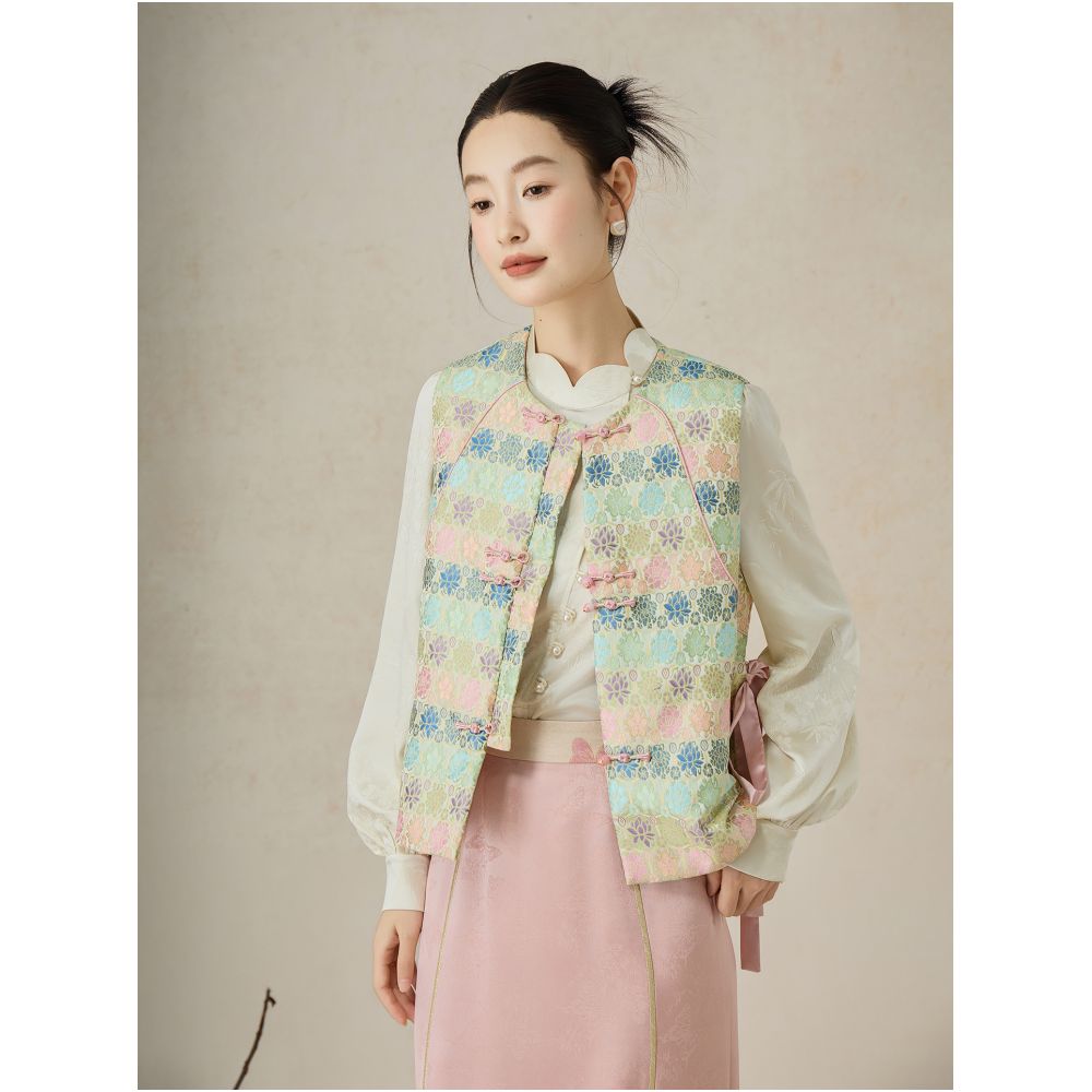 SHIBAI picks up white multi color flowers autumn and winter improvement new Chinese style round neck Chinese style jacquard cotton clip sleeveless layered vest image 2