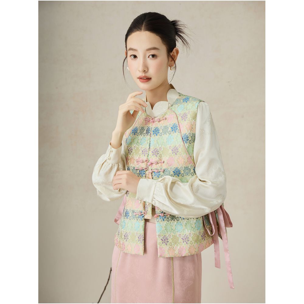 SHIBAI picks up white multi color flowers autumn and winter improvement new Chinese style round neck Chinese style jacquard cotton clip sleeveless layered vest image 3