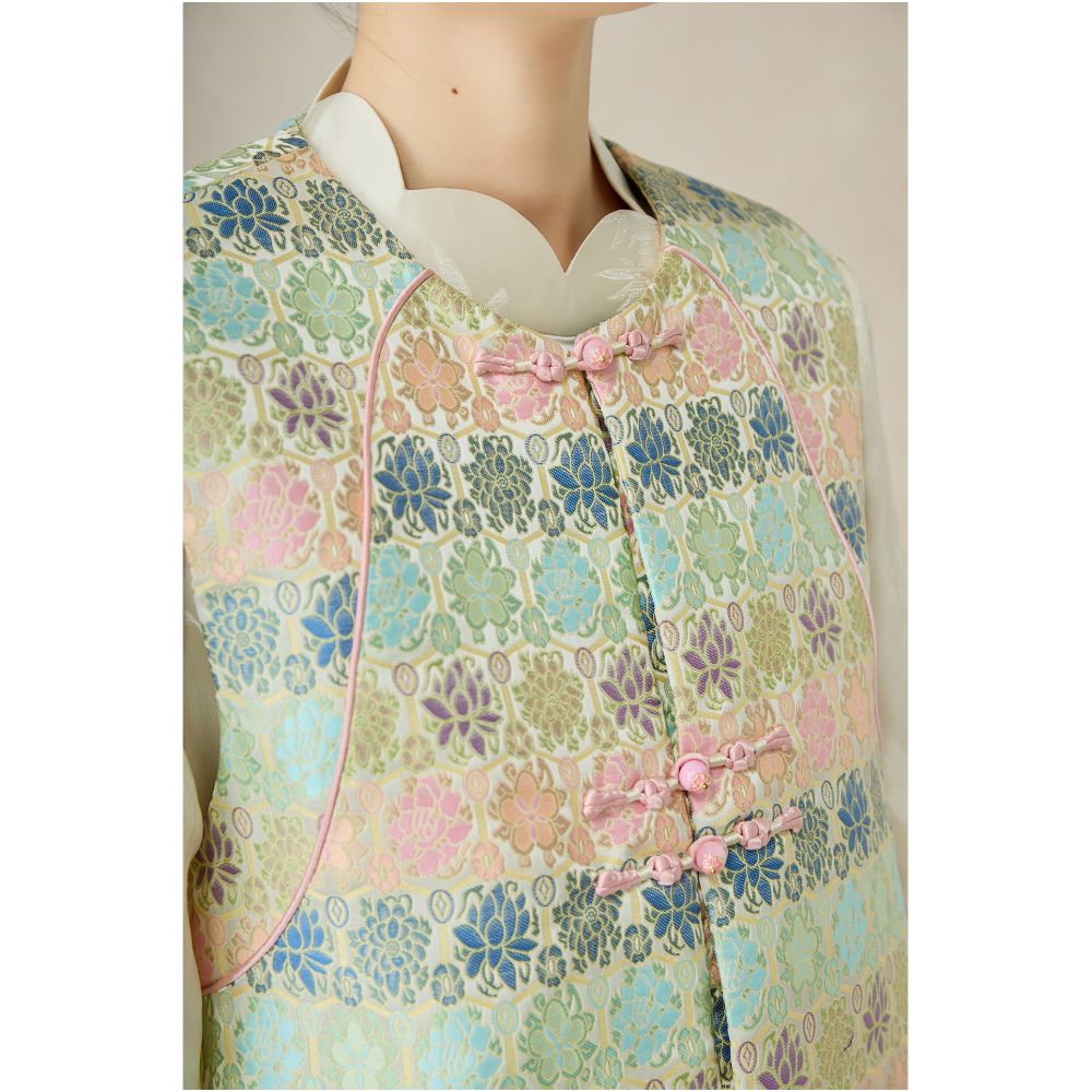 SHIBAI picks up white multi color flowers autumn and winter improvement new Chinese style round neck Chinese style jacquard cotton clip sleeveless layered vest image 5