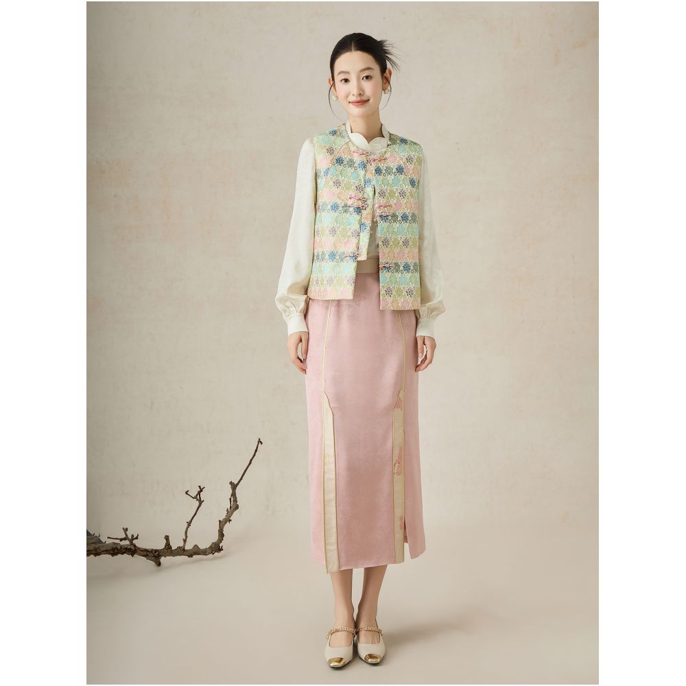 SHIBAI picks up white multi color flowers autumn and winter improvement new Chinese style round neck Chinese style jacquard cotton clip sleeveless layered vest image 0