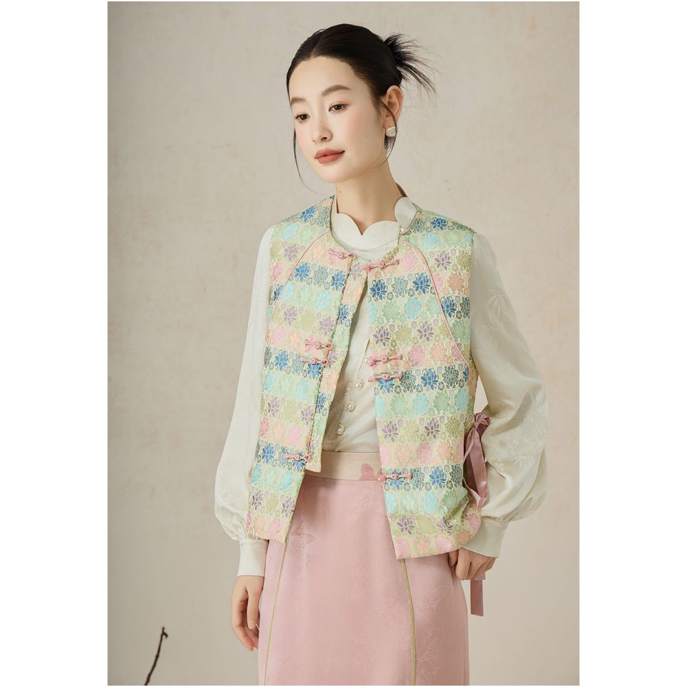 SHIBAI picks up white multi color flowers autumn and winter improvement new Chinese style round neck Chinese style jacquard cotton clip sleeveless layered vest image 7