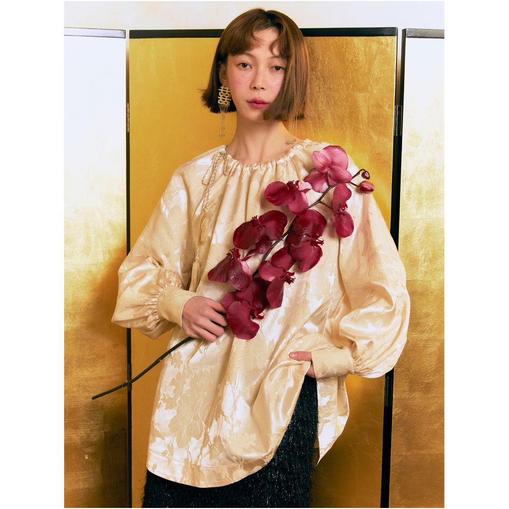 YUANYE New Chinese Champagne Jacquard Drawstring Tassel Lantern Sleeve A line Shirt Spring and Autumn image 2