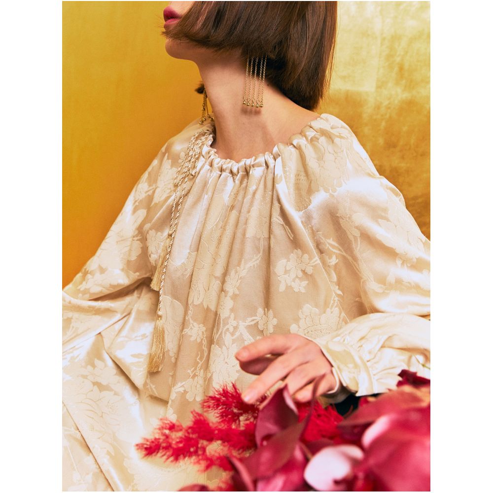 YUANYE New Chinese Champagne Jacquard Drawstring Tassel Lantern Sleeve A line Shirt Spring and Autumn image 3
