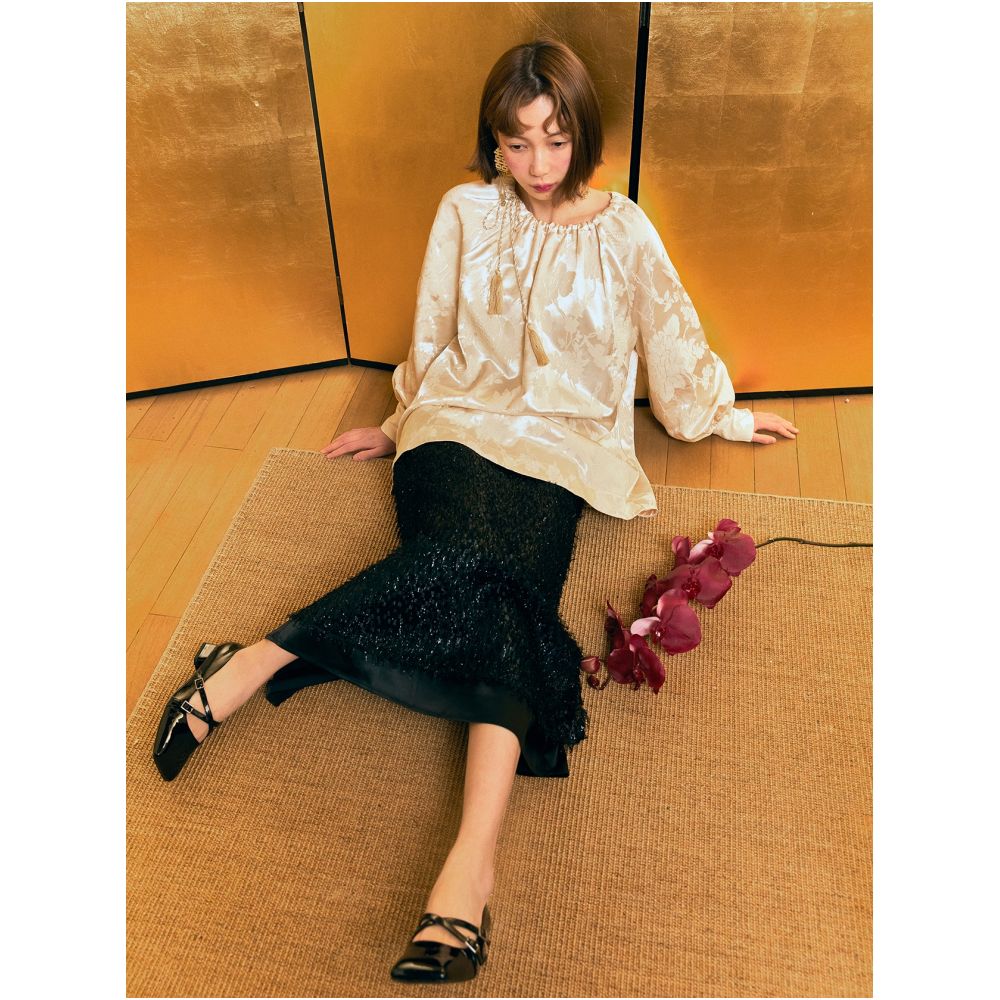 YUANYE New Chinese Champagne Jacquard Drawstring Tassel Lantern Sleeve A line Shirt Spring and Autumn image 4