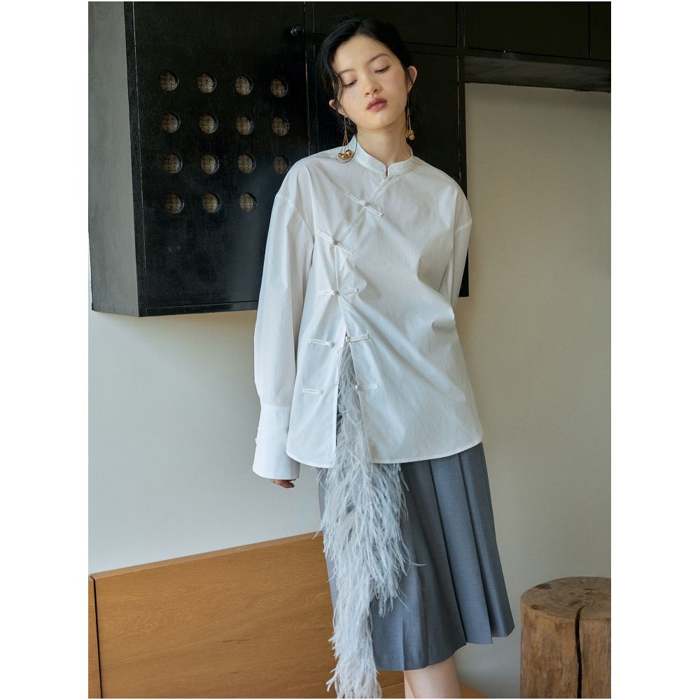 YUANYE Yuanye Rice Paper Texture Original New Chinese White Simple All match Button Loose Stand Collar Shirt image 2