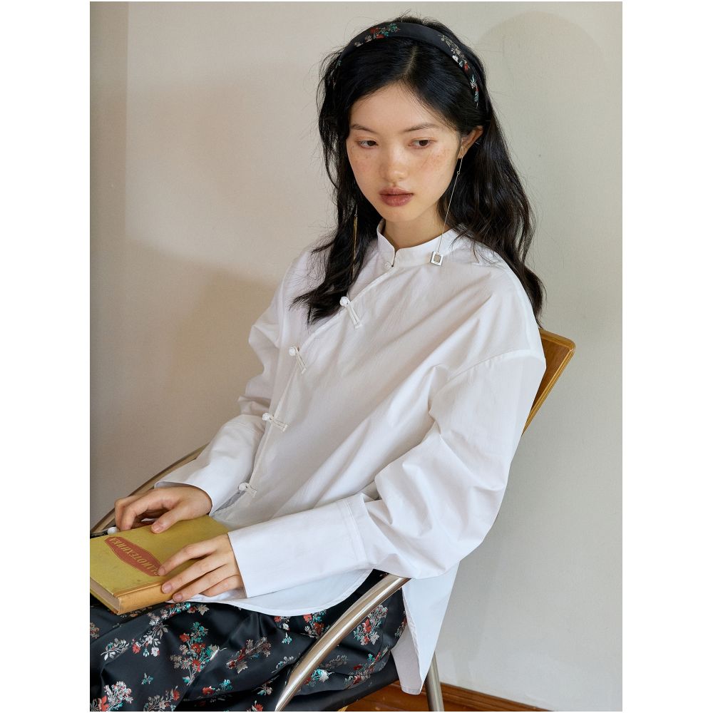 YUANYE Yuanye Rice Paper Texture Original New Chinese White Simple All match Button Loose Stand Collar Shirt image 3