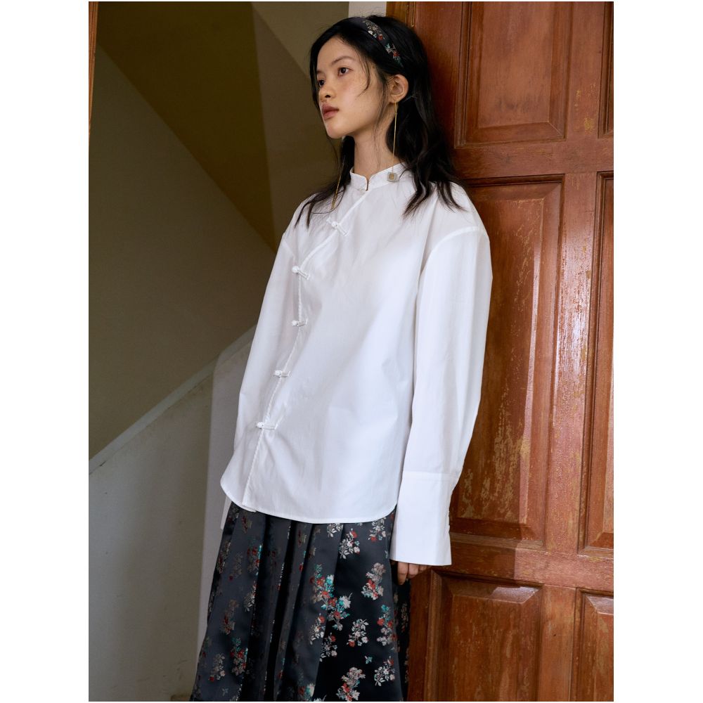 YUANYE Yuanye Rice Paper Texture Original New Chinese White Simple All match Button Loose Stand Collar Shirt image 4