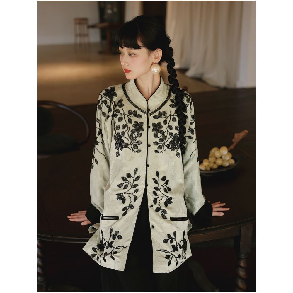 Pearl Embroidery Heavy Industry Almond Green New Chinese Tang Costume CHARMMY YE Playful Design 2023 Spring New Coat cardigan image 4