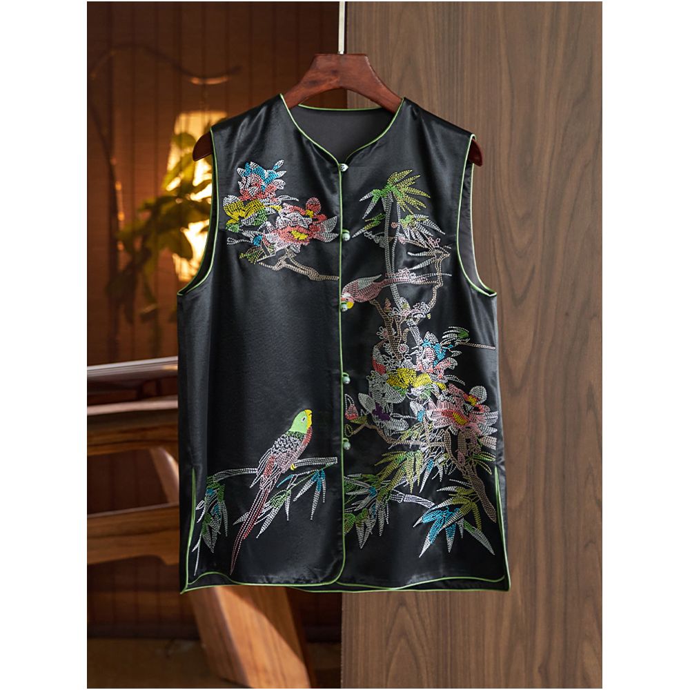 Light luxury and high end acetic acid vest women s 2023 summer new style Chinese style flower and bird embroidery vest top image 2