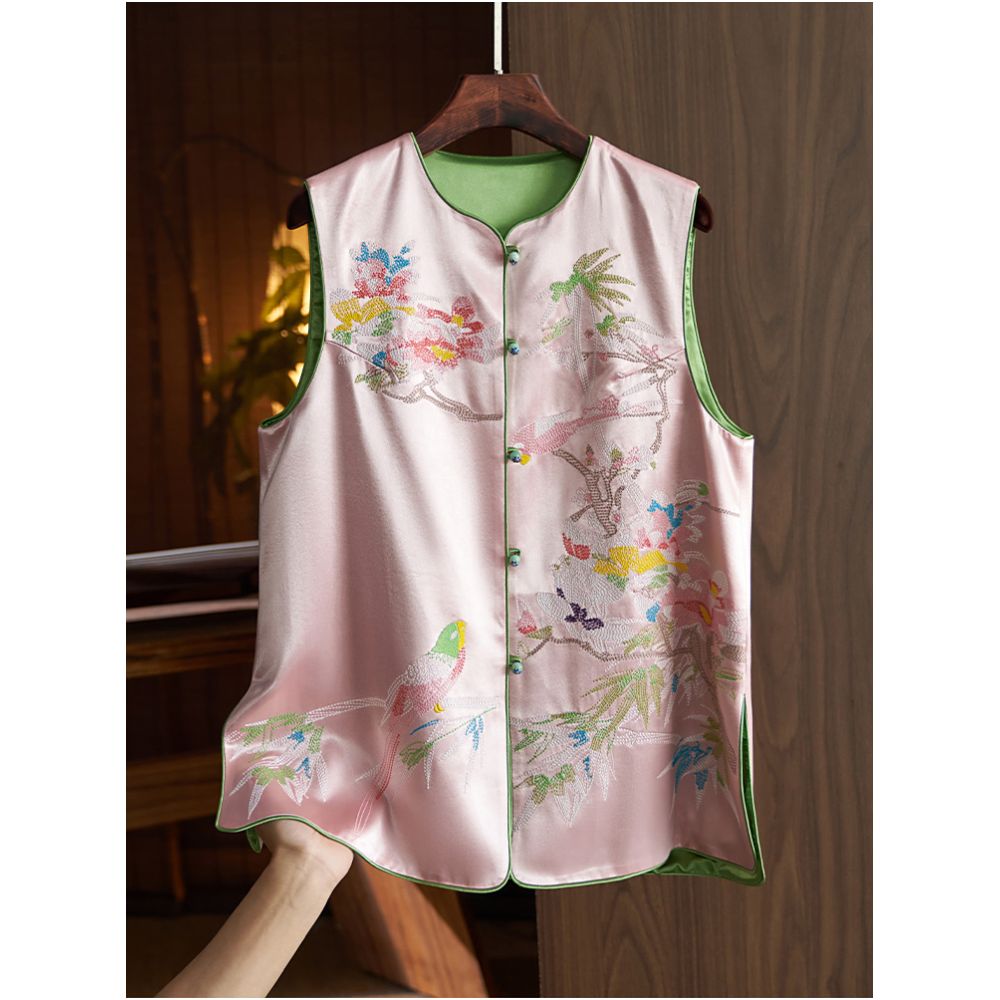 Light luxury and high end acetic acid vest women s 2023 summer new style Chinese style flower and bird embroidery vest top image 0