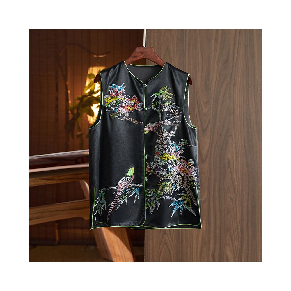 ASAYA1751 New Chinese style national style acetate satin heavy industry embroidery vest women's spring fashion improved mid-length vest jacket