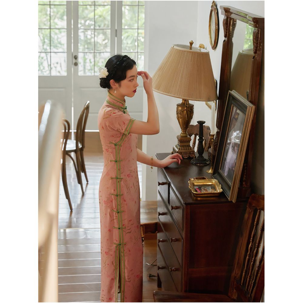 Ruhuan Fuxia Ancient Double breasted Cheongsam Retro Republic of China Style Girl Young Style Fresh Peach Pink Chiffon Cheongsam image 16