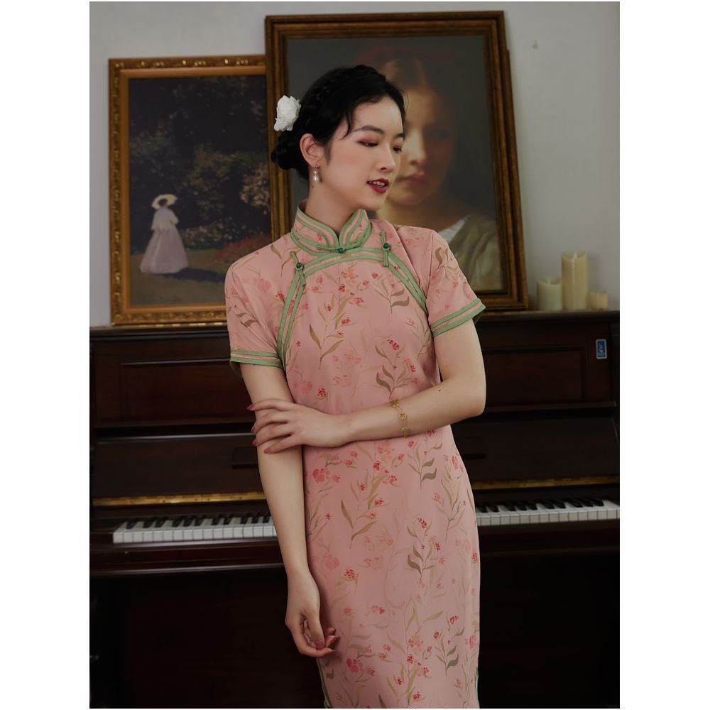 Ruhuan Fuxia Ancient Double breasted Cheongsam Retro Republic of China Style Girl Young Style Fresh Peach Pink Chiffon Cheongsam image 19