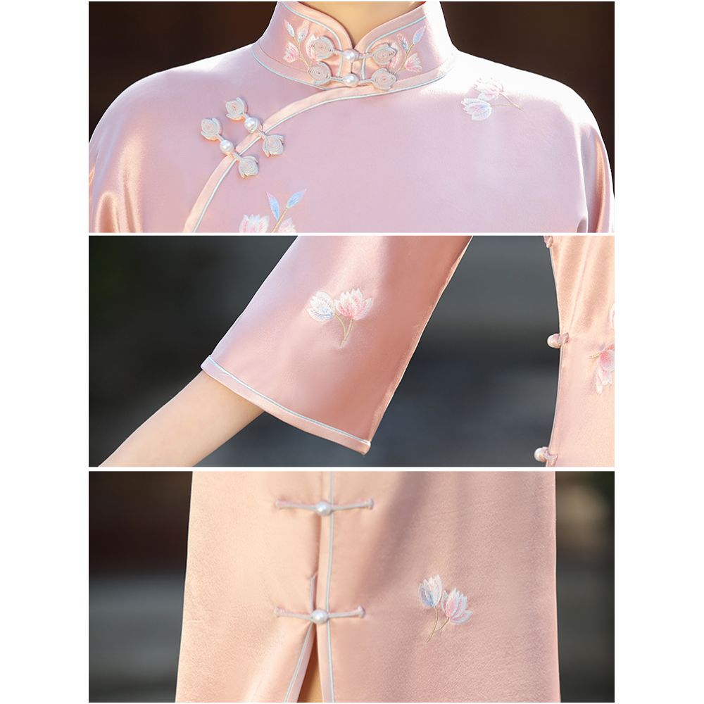 Lanting velvet acetate satin inverted large sleeved cheongsam 2025 seven quarter sleeve flat cut ancient method without province slim fit embroidered young style image 5