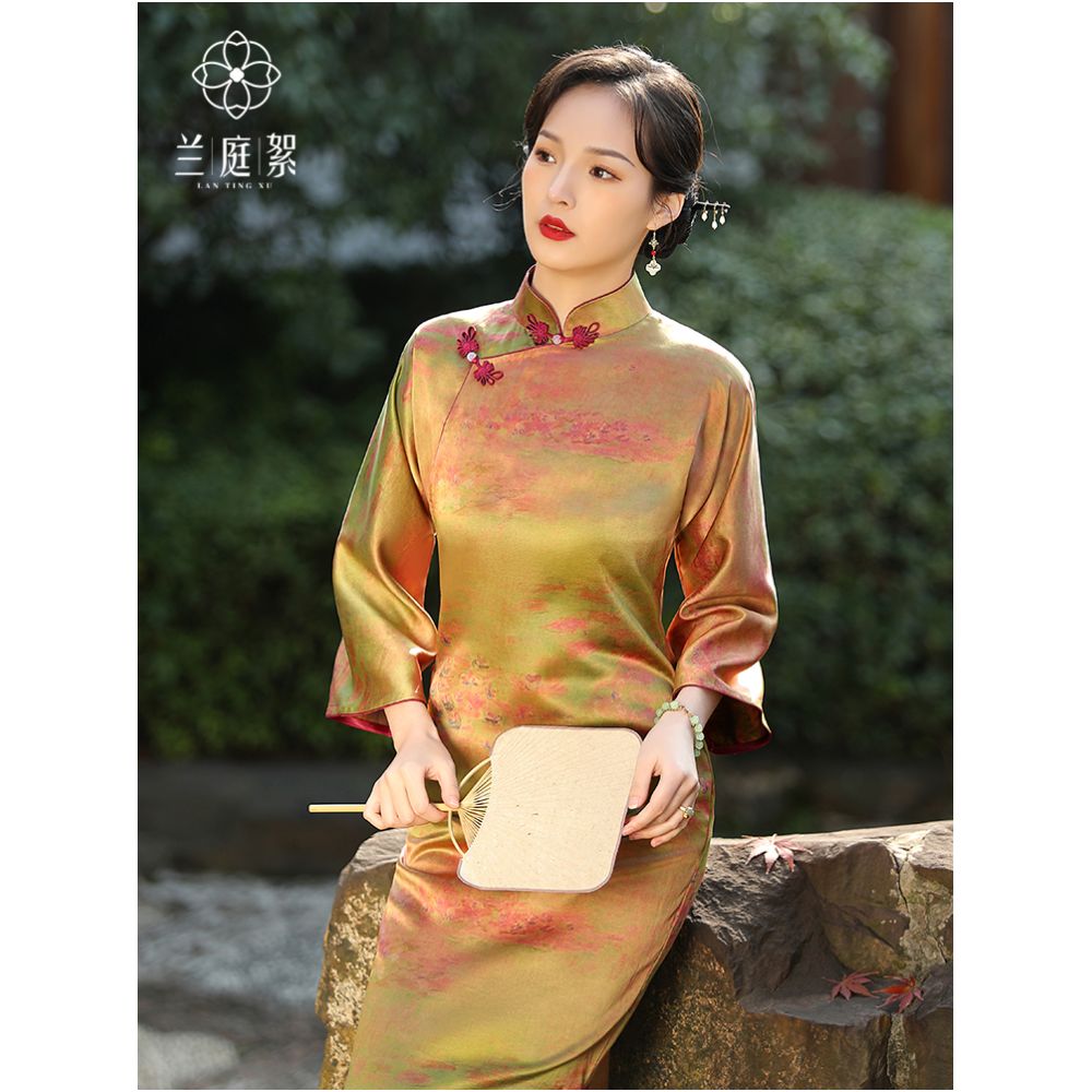 Lanting fluff 40mm heavy satin front spray fragrant cloud yarn long sleeved young style traditional ancient style cheongsam daily retro color image 1