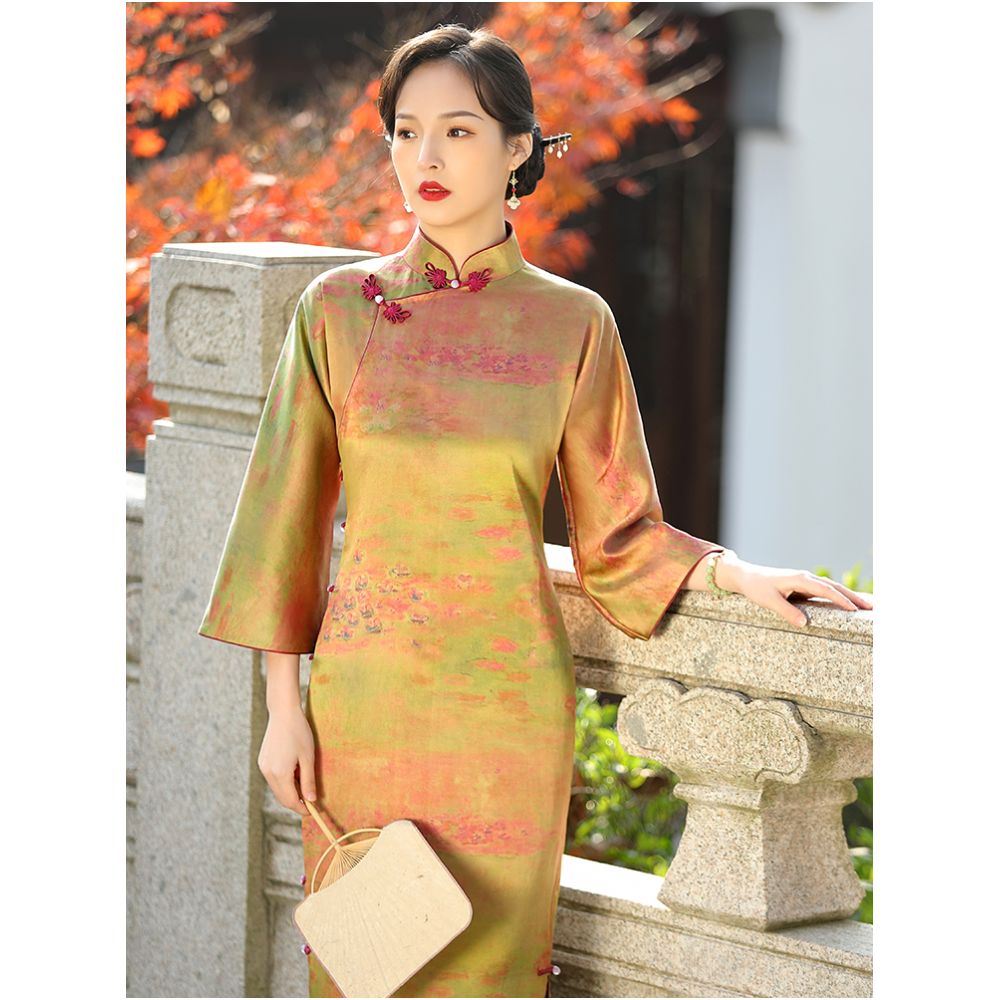 Lanting fluff 40mm heavy satin front spray fragrant cloud yarn long sleeved young style traditional ancient style cheongsam daily retro color image 2