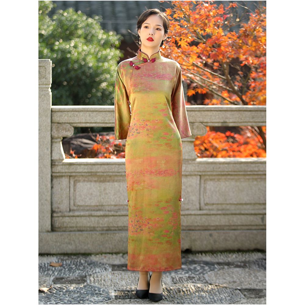 Lanting fluff 40mm heavy satin front spray fragrant cloud yarn long sleeved young style traditional ancient style cheongsam daily retro color image 3