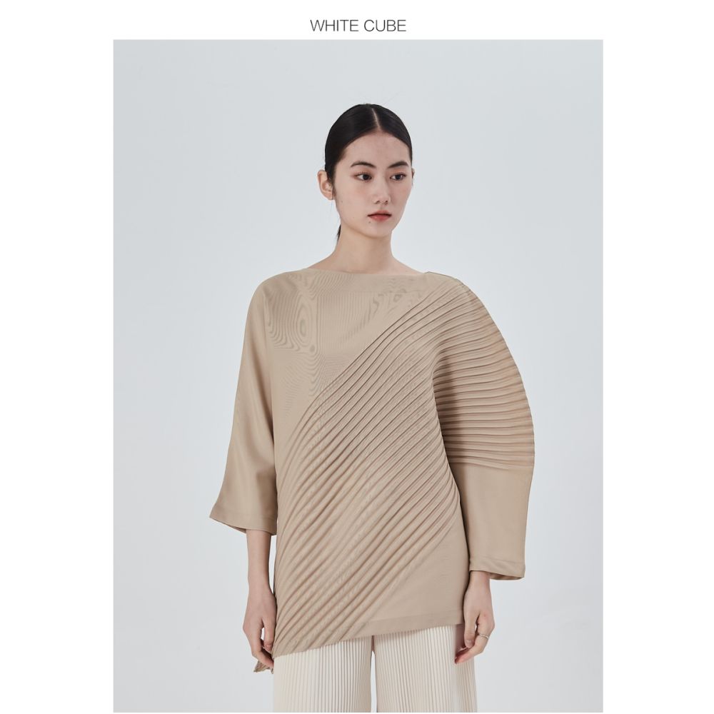 Whitecube20247 Split Sleeve Shirt Miyake Style Folded Top Asymmetric Retro High End Folded Shirt Women s image 2