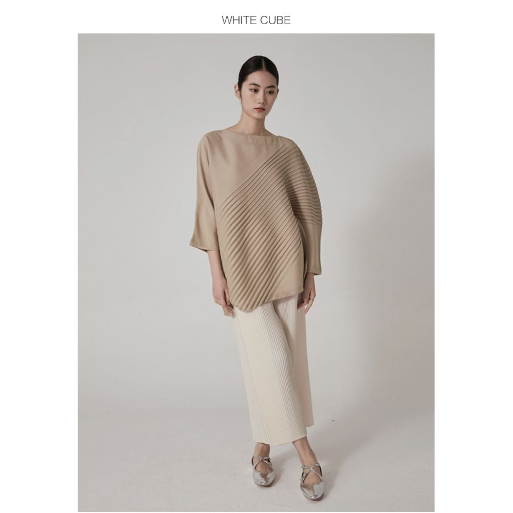 Whitecube20247 Split Sleeve Shirt Miyake Style Folded Top Asymmetric Retro High End Folded Shirt Women s image 0
