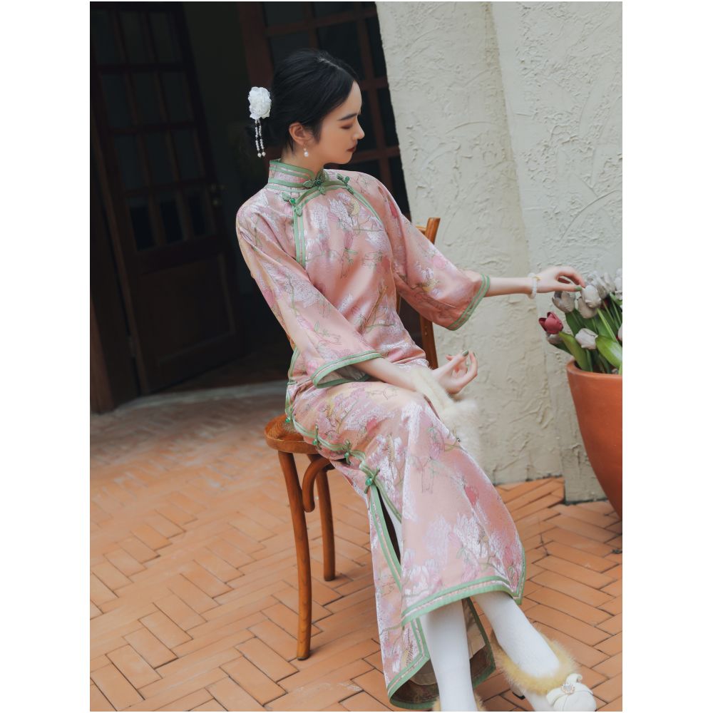 Xiaoxi Fu Xia Chinese Style Double breasted Cheongsam Autumn and Winter Flower and Bird Jacquard Ancient Method Inverted Big Sleeves New Chinese New Year s Clothing image 2