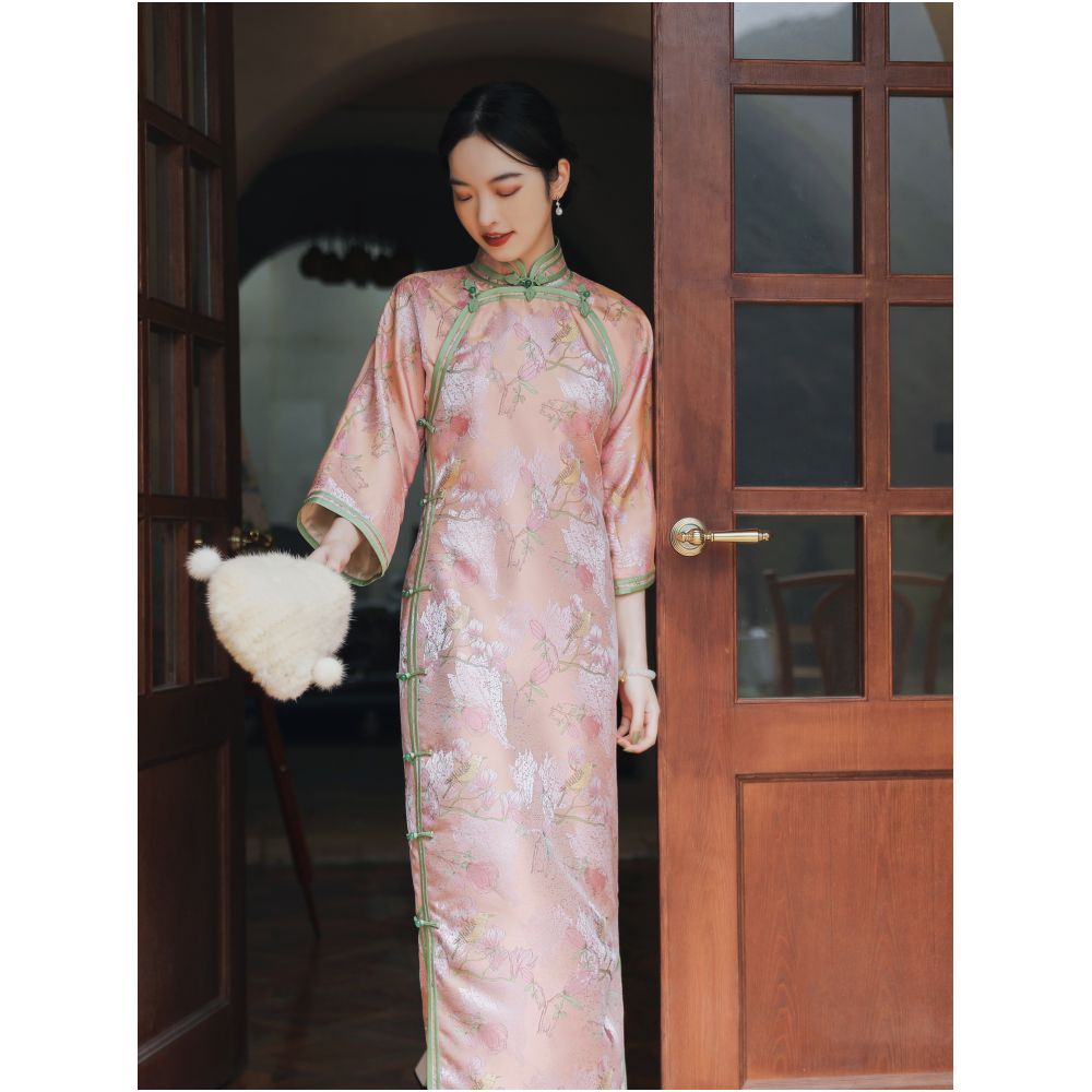 Xiaoxi Fu Xia Chinese Style Double breasted Cheongsam Autumn and Winter Flower and Bird Jacquard Ancient Method Inverted Big Sleeves New Chinese New Year s Clothing image 3