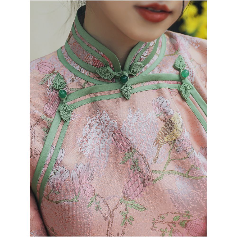 Xiaoxi Fu Xia Chinese Style Double breasted Cheongsam Autumn and Winter Flower and Bird Jacquard Ancient Method Inverted Big Sleeves New Chinese New Year s Clothing image 4