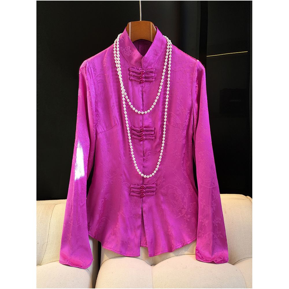 Chinese style stand up collar silk satin shirt top women s design sense niche waist cinching and slimming improved cheongsam shirt image 1