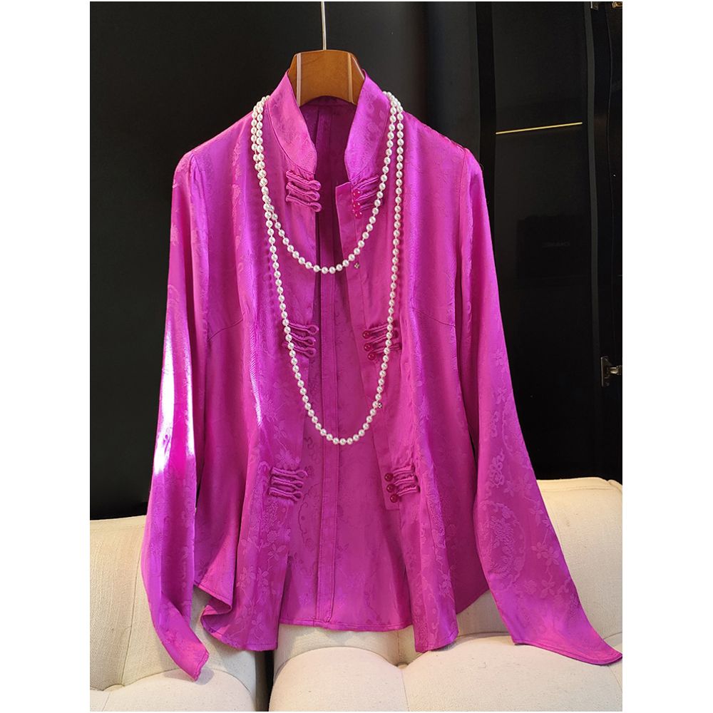 Chinese style stand up collar silk satin shirt top women s design sense niche waist cinching and slimming improved cheongsam shirt image 2