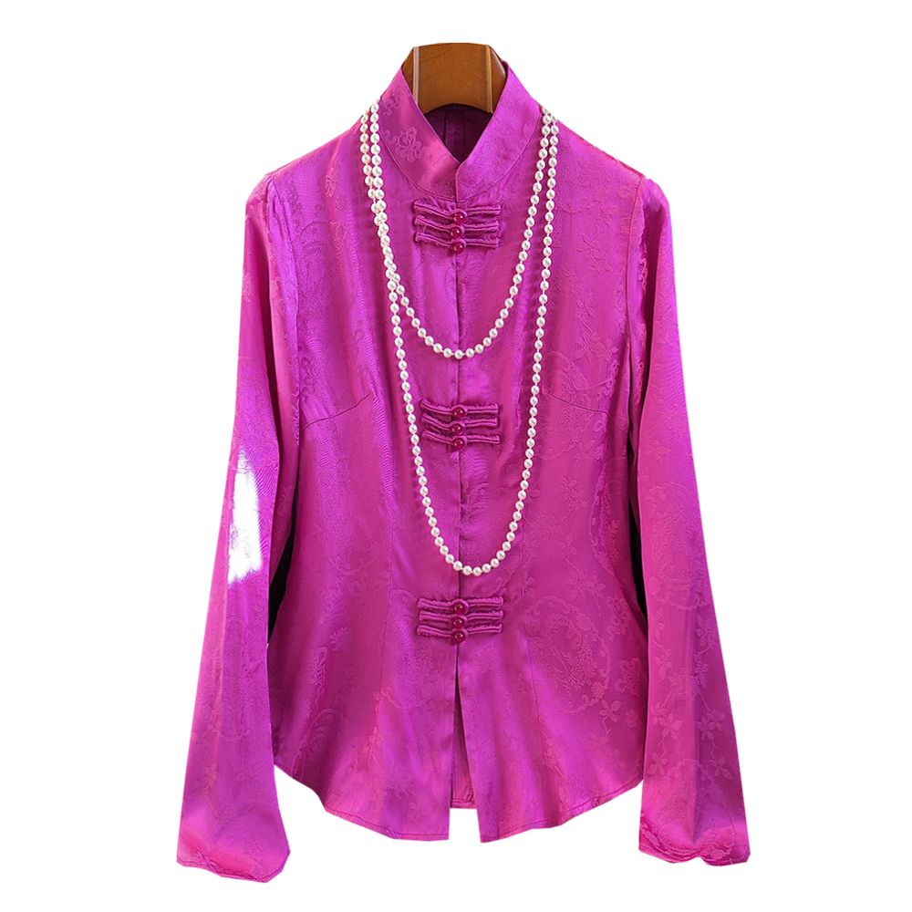 Chinese style stand up collar silk satin shirt top women s design sense niche waist cinching and slimming improved cheongsam shirt image 5