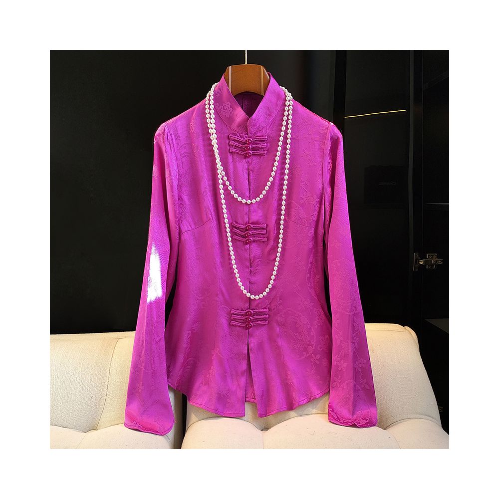Chinese style stand up collar silk satin shirt top women s design sense niche waist cinching and slimming improved cheongsam shirt image 10