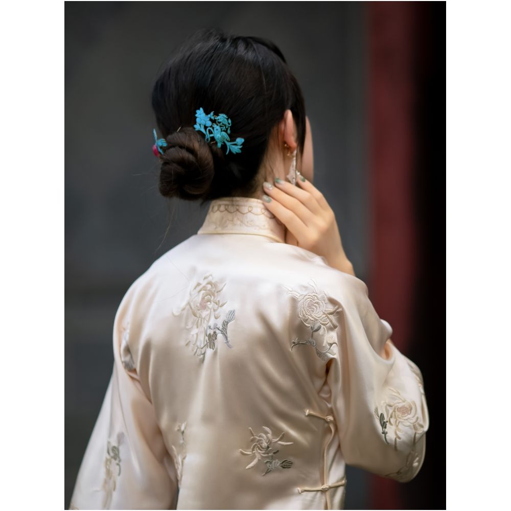 Dream Clear Branch One City Style Plush Republic of China Style Embroidery Handmade Pan Button Inverted Big Sleeve Cheongsam Skirt Daily Engagement Toast image 2