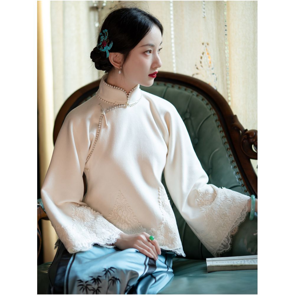 Jingsi Wan One City Style Plush Young Style Daily Lace Edge Inverted Big Sleeve Top Republic of China Style Retro image 2
