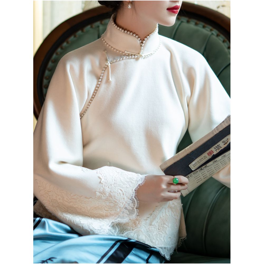 Jingsi Wan One City Style Plush Young Style Daily Lace Edge Inverted Big Sleeve Top Republic of China Style Retro image 3