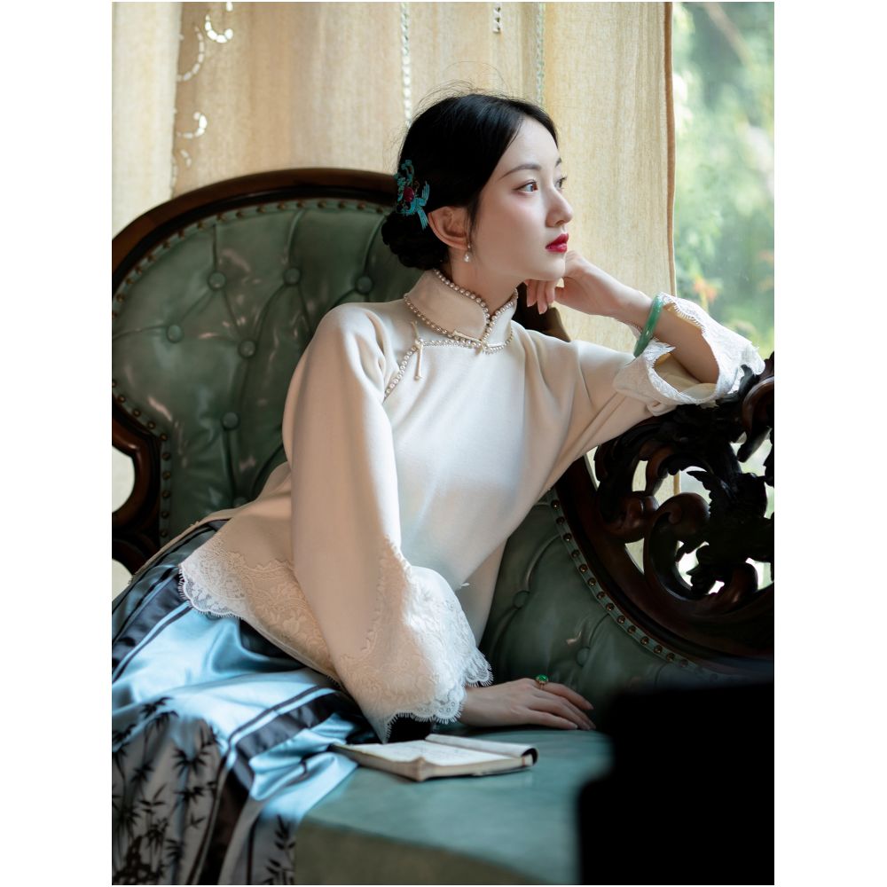 Jingsi Wan One City Style Plush Young Style Daily Lace Edge Inverted Big Sleeve Top Republic of China Style Retro image 0