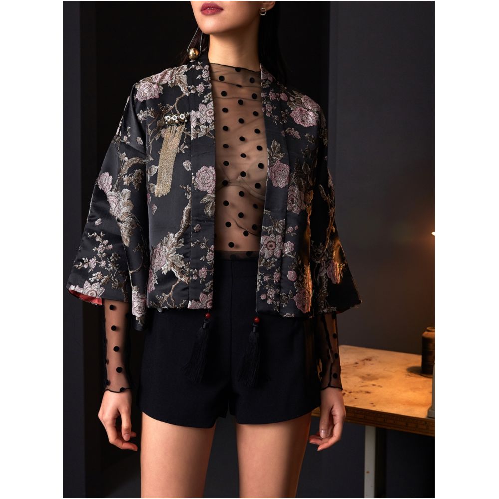Original designer from Jiro women s dark silk and Japanese style improved wide sleeved tassel Tang style short jacket image 4