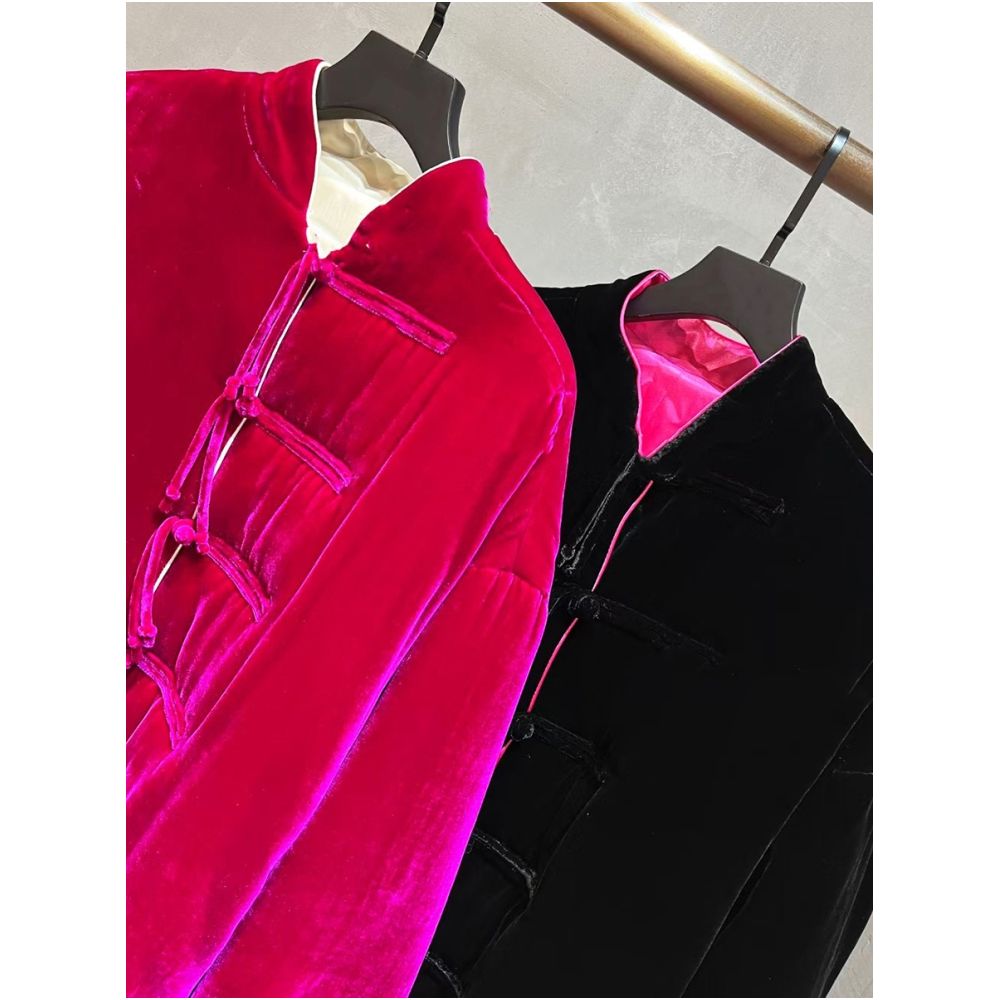 Good reputation CSZ012 fashionable new Chinese style silk velvet loose retro double breasted jacket top spring and autumn women image 44