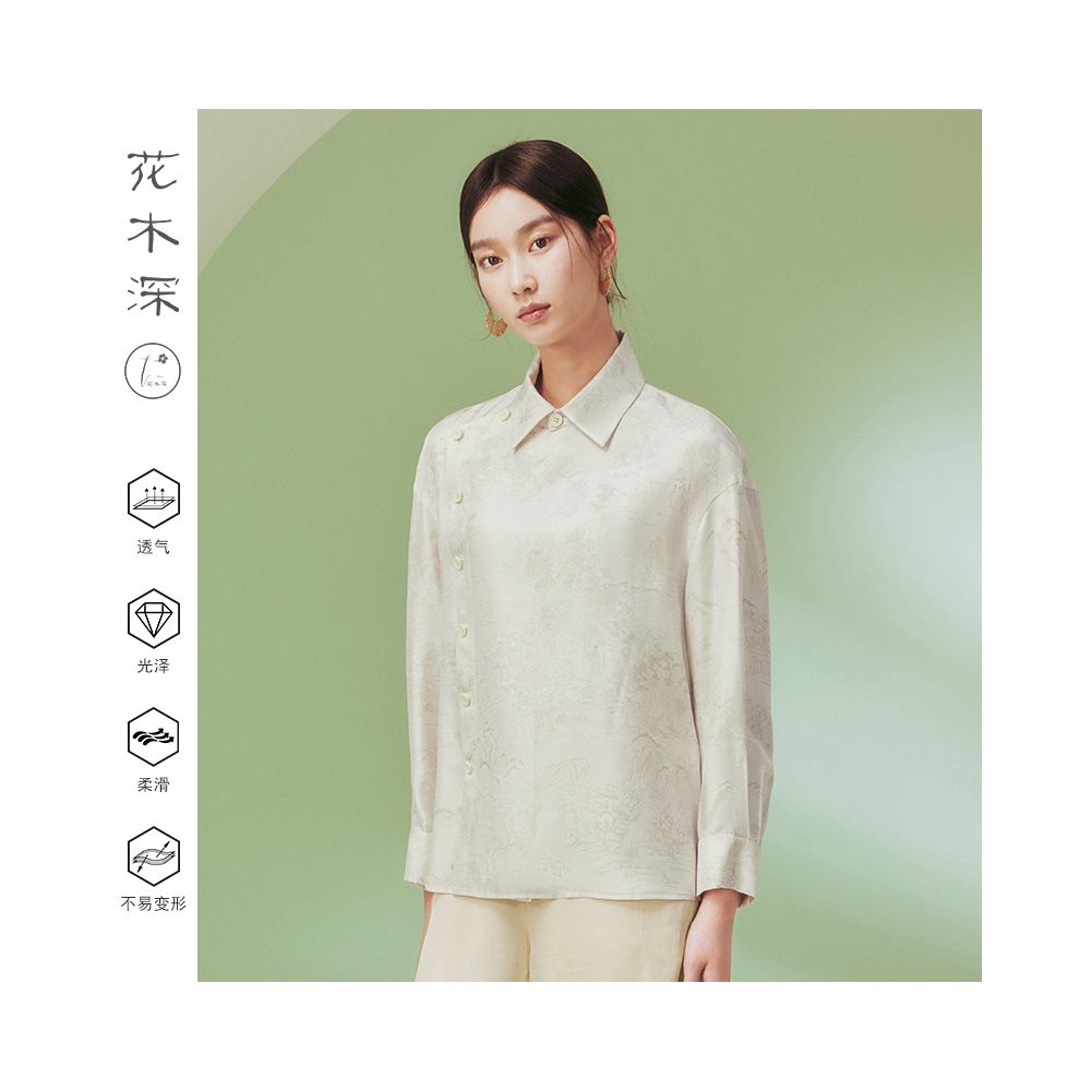 Flower and Tree Deep 18mm Heavy duty Silk Shirt for Women Original Chinese Style Printed Top New Version Collar Long Sleeve Women s Clothing image 2