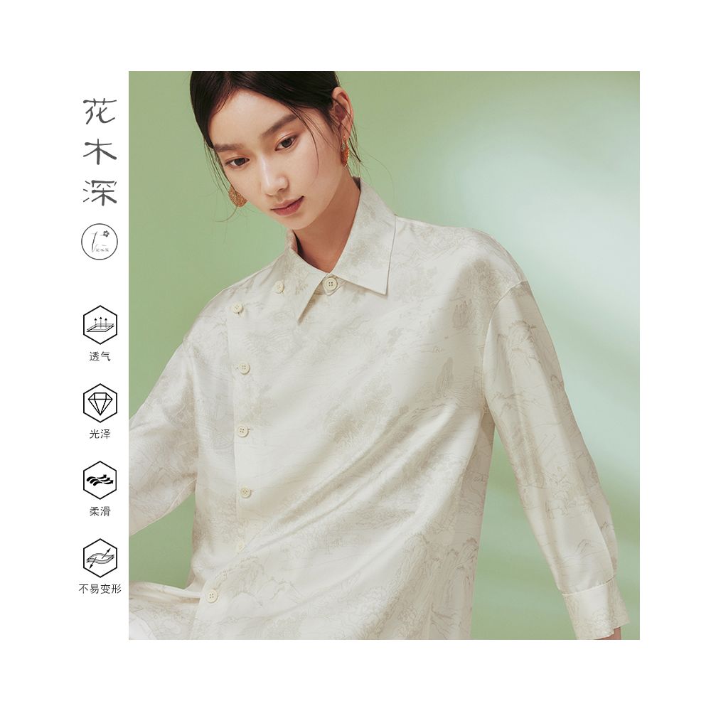 Flower and Tree Deep 18mm Heavy duty Silk Shirt for Women Original Chinese Style Printed Top New Version Collar Long Sleeve Women s Clothing image 3