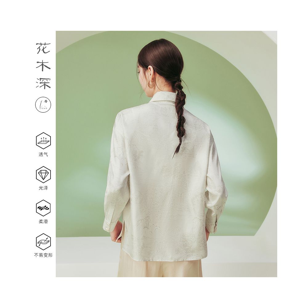 Flower and Tree Deep 18mm Heavy duty Silk Shirt for Women Original Chinese Style Printed Top New Version Collar Long Sleeve Women s Clothing image 4