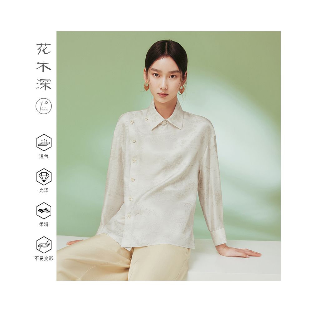 Flower and Tree Deep 18mm Heavy duty Silk Shirt for Women Original Chinese Style Printed Top New Version Collar Long Sleeve Women s Clothing image 0